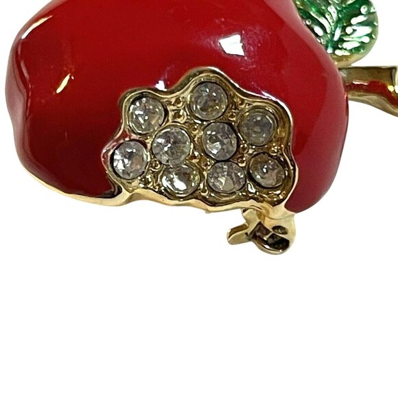Apple Shaped Red Enamel Brooch With Rhinestone Bite - Picture 2 of 5